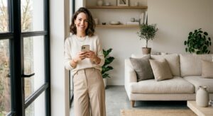 A stylish, modern woman smiling while holding a smartphone in a bright, minimalist home interior, pr