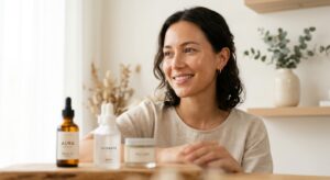 A professional, editorial-style close-up of a woman with a natural, glowing complexion smiling softl