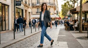 A stylish woman in a tailored blazer and classic blue jeans walking confidently down a sunlit city s