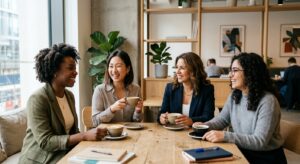 A high-quality, editorial-style photograph of a group of diverse, professionally dressed women shari