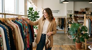 A stylish woman smiling while browsing through a curated rack of vintage clothing in a bright, moder
