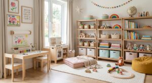A bright, aesthetically pleasing kids' playroom with organized wooden open shelves, soft pastel deco