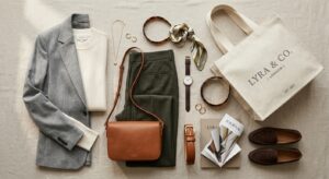A high-end editorial flat-lay composition featuring stylish clothing items, leather accessories, and
