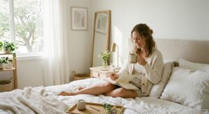 A serene, high-end editorial shot of a woman in a minimalist, light-filled bedroom starting her morn