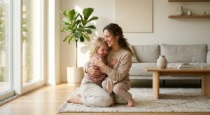 A professional, editorial-style photograph of a warm, empathetic mother gently comforting her young