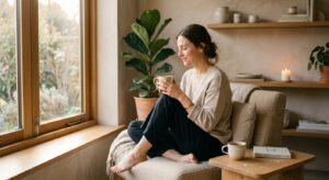 A serene, editorial-style portrait of a woman finding a moment of calm in a sunlit, minimalist inter