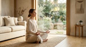 A serene, high-end editorial shot of a woman in minimalist loungewear practicing mindful breathing i