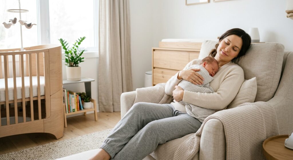 A professional and minimalist editorial photography of a healthy, glowing mother in comfortable loun