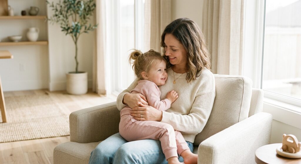 A soft-focus, professional editorial portrait of a gentle interaction between a mother and her young