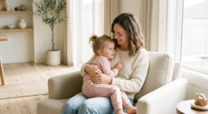 A soft-focus, professional editorial portrait of a gentle interaction between a mother and her young