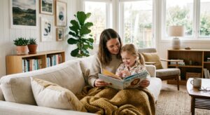 A warm, editorial-style photograph of a mother and child cozying up with a book in a sunlit, tastefu