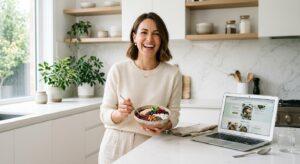 A stylish, professional shot of a smiling mother in a minimalist kitchen holding a healthy smoothie