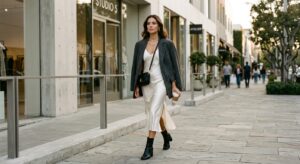 A stylish woman confidently wearing a tailored oversized blazer draped over a chic, elegant silk dre
