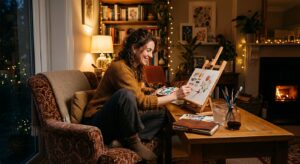 A cozy, atmospheric shot of a stylish woman relaxing with a creative hobby in a warm, softly lit liv