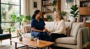 A warm, high-quality editorial shot of a smiling professional caregiver sitting with a relaxed mothe
