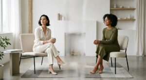 A professional, editorial-style conceptual shot of two elegant, modern women sitting in a bright, mi