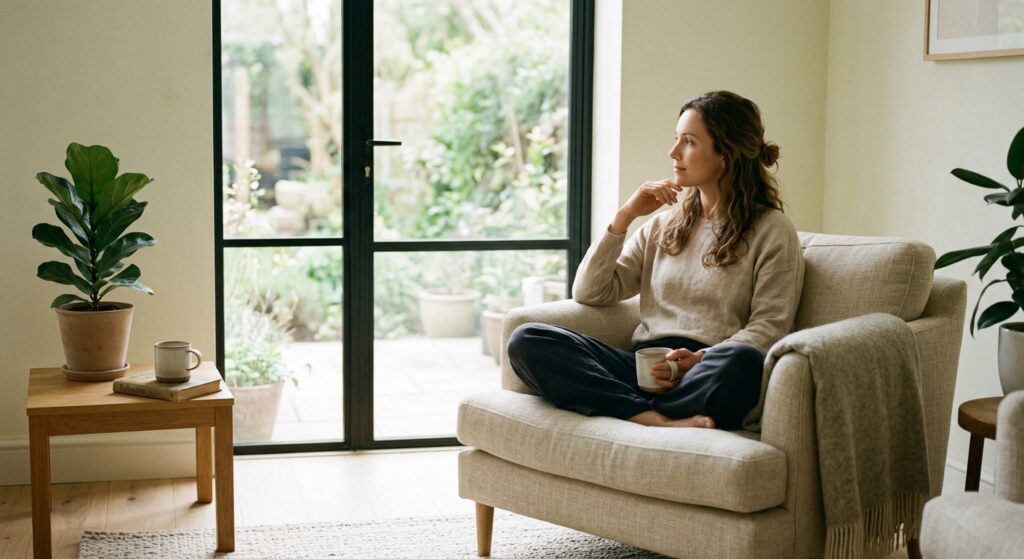 A high-quality, editorial-style photograph of a graceful woman sitting by a window in a sunlit, mini