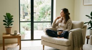 A high-quality, editorial-style photograph of a graceful woman sitting by a window in a sunlit, mini