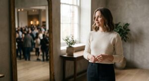 A serene and professional editorial portrait of a woman looking away from a mirror reflecting a blur
