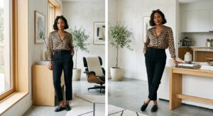 A stylish woman wearing a chic leopard print blouse paired with minimalist tailored trousers, set ag