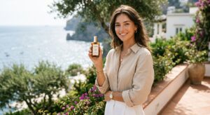 A high-end editorial shot of a stylish woman with radiant, healthy skin standing in soft, natural su