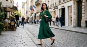 A stylish woman wearing an elegant midi dress paired with chic, sophisticated flat shoes, captured i