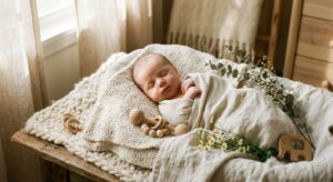 A soft-focus, professional editorial photograph of a healthy, peaceful baby wrapped in a cozy linen