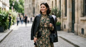 A sophisticated, editorial-style close-up of a woman styled in a vintage dress enhanced by modern, t