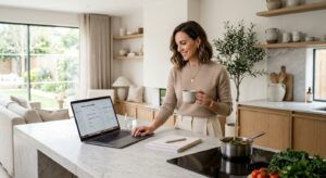 A sophisticated, high-end editorial shot of a stylish woman efficiently managing a modern household