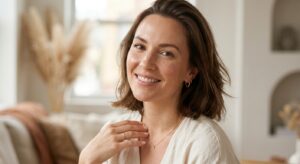 A soft, editorial-style close-up of a radiant woman with natural, glowing skin, capturing an aesthet