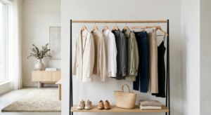 A minimalist, high-end editorial shot of a neatly organized capsule wardrobe rack with neutral-toned