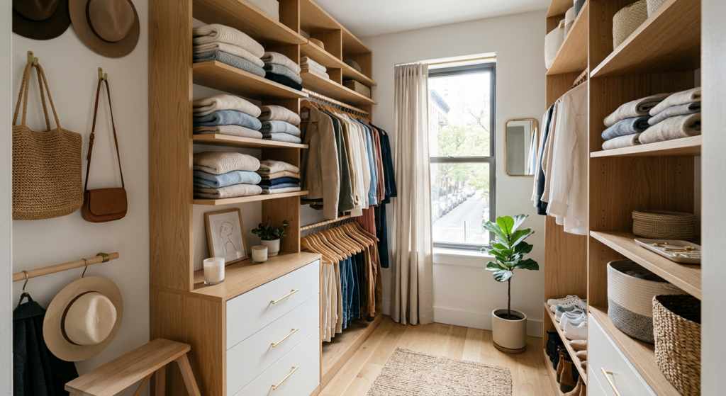 A bright, aesthetically pleasing walk-in closet in a small apartment, featuring clever space-saving