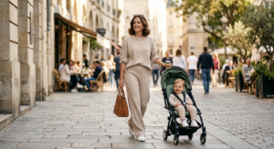 A stylish, modern mother confidently walking down a sunny city street in a chic yet comfortable mono