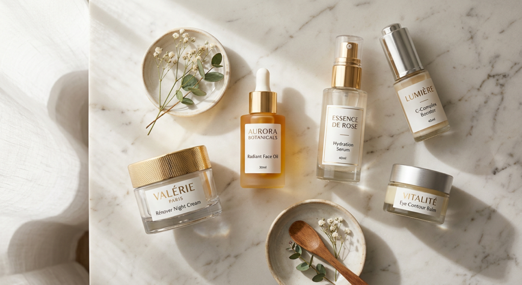 A clean, editorial-style flat lay featuring high-end skincare bottles and jars arranged aestheticall