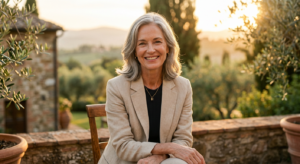 A sophisticated, high-end editorial portrait of a radiant woman in her 50s with natural skin texture