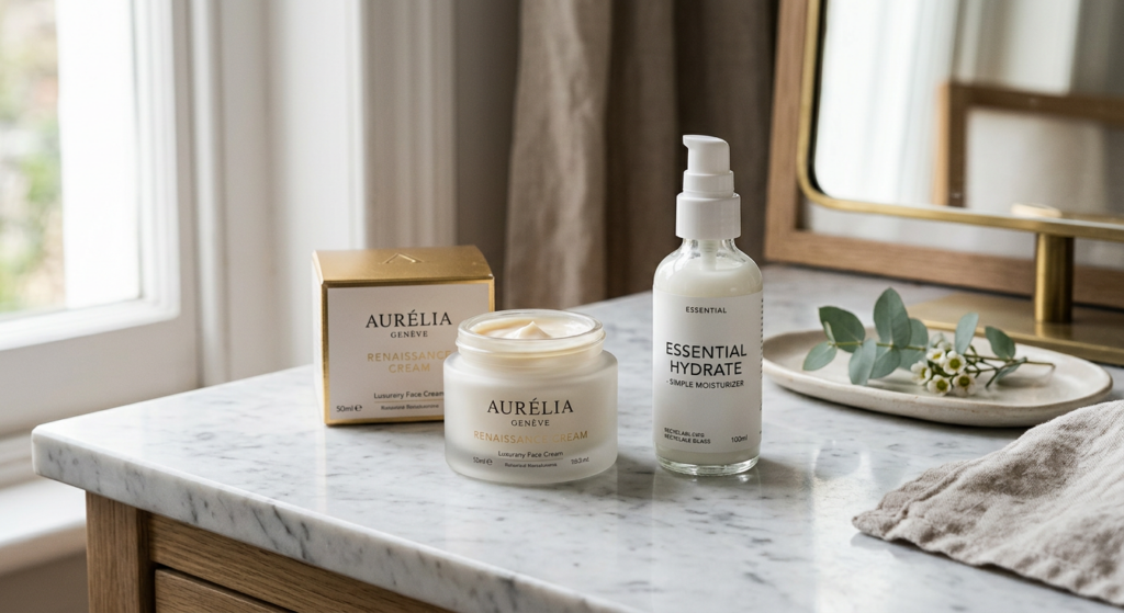 A professional editorial composition featuring a high-end luxury face cream jar placed next to a min