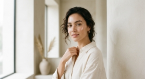 A high-end editorial shot of a woman with glowing, natural skin standing in soft daylight, minimalis