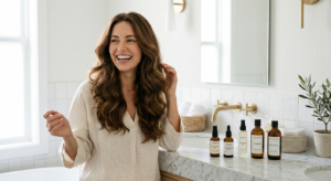 A professional, high-end editorial shot of a woman with healthy, glowing hair smiling in a bright, m