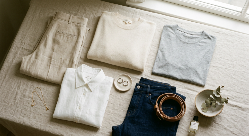 An elegant, minimalist flat-lay of high-quality essential clothing pieces in a neutral color palette