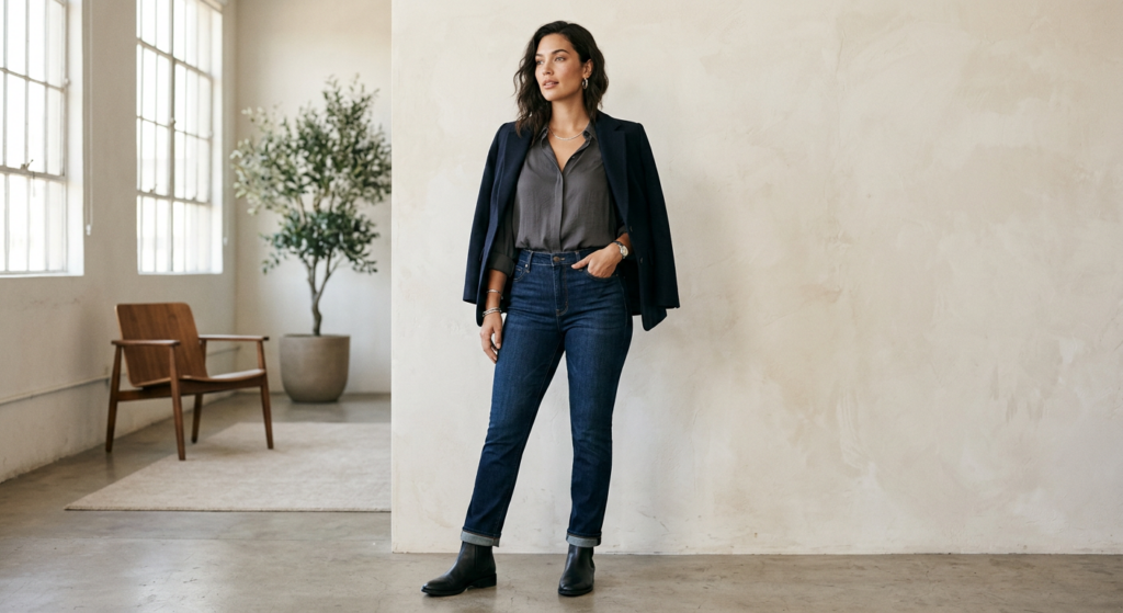 A sophisticated editorial photograph of a stylish woman confidently wearing perfectly tailored, slim