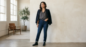 A sophisticated editorial photograph of a stylish woman confidently wearing perfectly tailored, slim