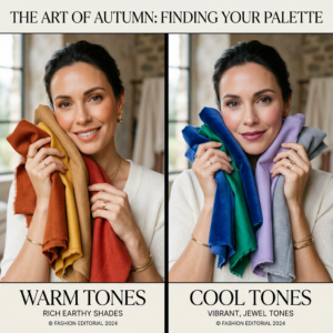 A professional editorial split-screen composition showing an elegant woman comparing warm and cool-t