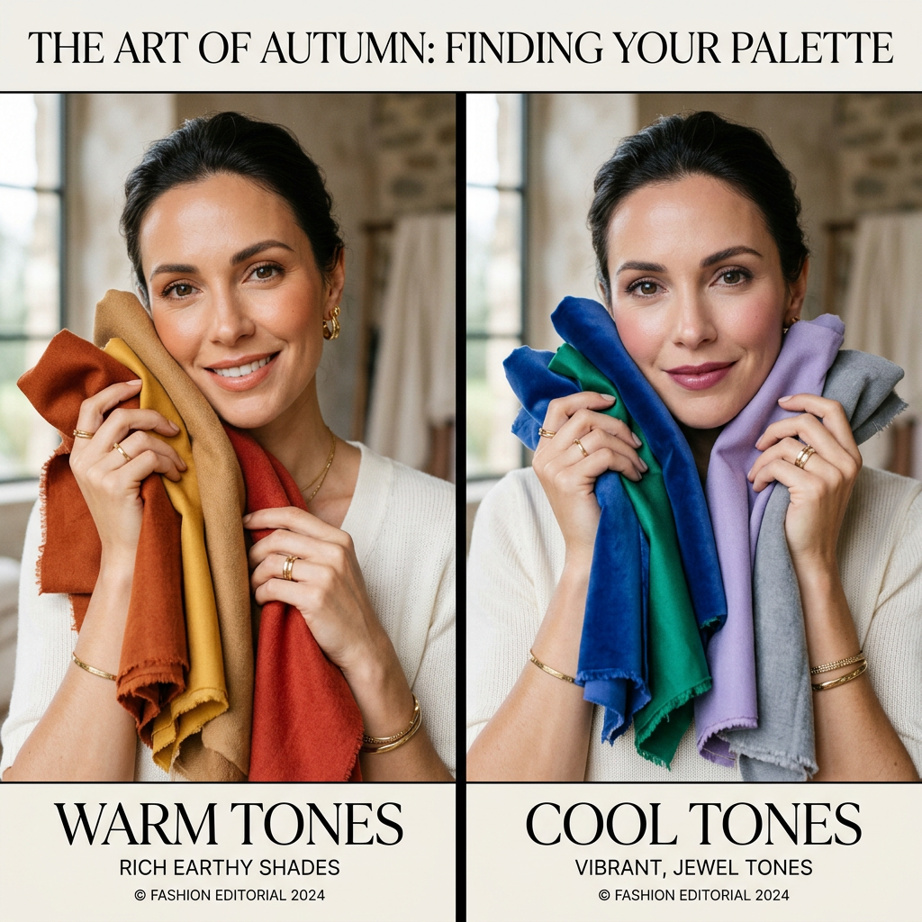 A professional editorial split-screen composition showing an elegant woman comparing warm and cool-t