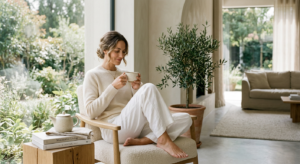 A serene, high-end editorial shot of a woman taking a mindful moment with a cup of tea in a sunlit,