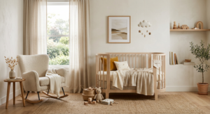 A high-end editorial lifestyle photograph of a peaceful nursery interior with soft natural morning l