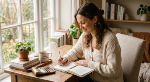 A professional, high-quality editorial shot of a woman with a gentle expression sitting at a cozy, o