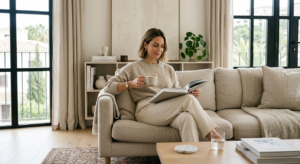 A sophisticated editorial photograph of a modern, thoughtful mother sitting in a sunlit, minimalist