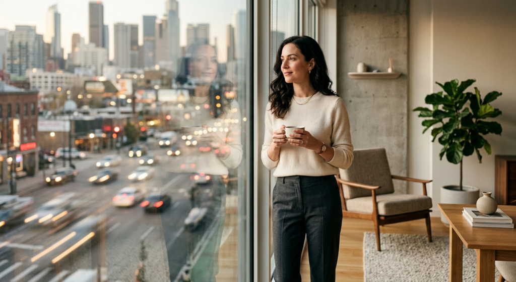 A serene, elegant woman pausing in a sunlit, modern minimalist interior, capturing a moment of calm