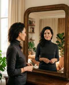 A sophisticated, editorial-style portrait of a confident woman looking into a mirror, bathed in soft