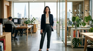 A professional and stylish woman standing confidently in a modern, light-filled office space, captur